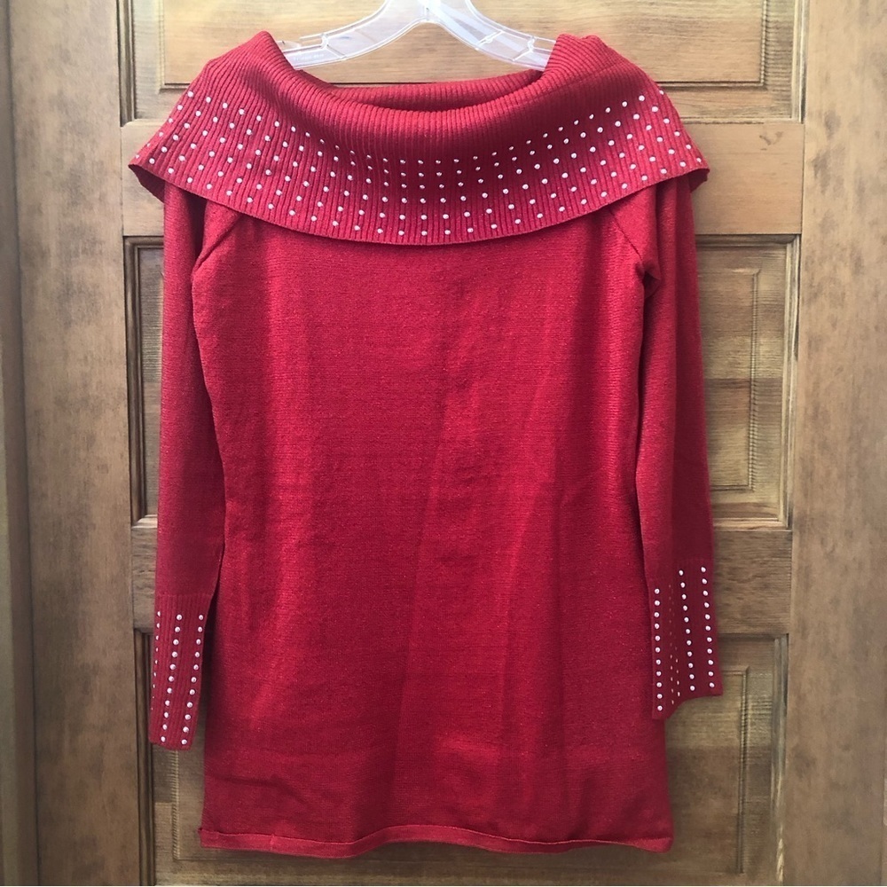 Questions / NWT/ Women's /Metallic Red Sweater/ Gold Studs(Neck/Sleeves) M
